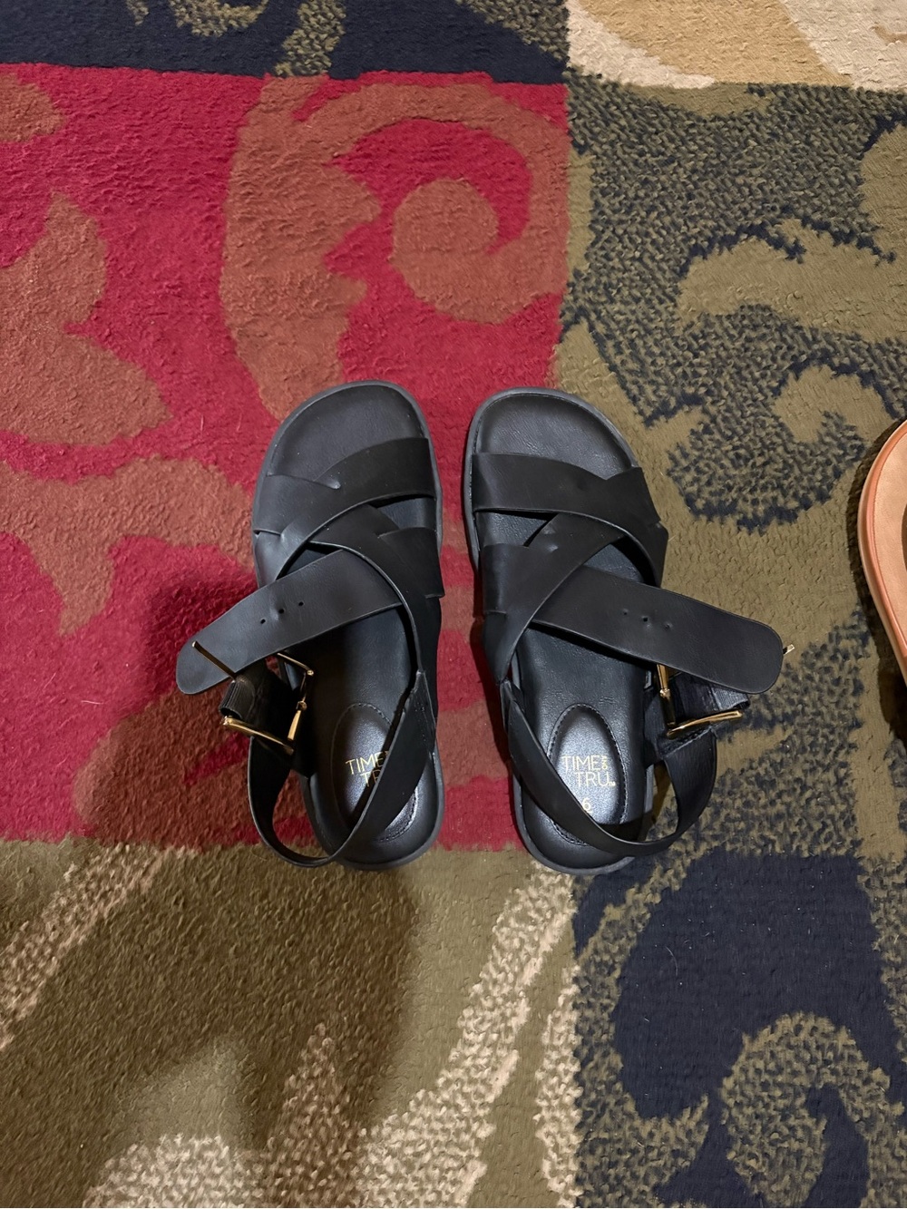Time and Tru Black Crisscross Strap Sandals with Gold Buckle